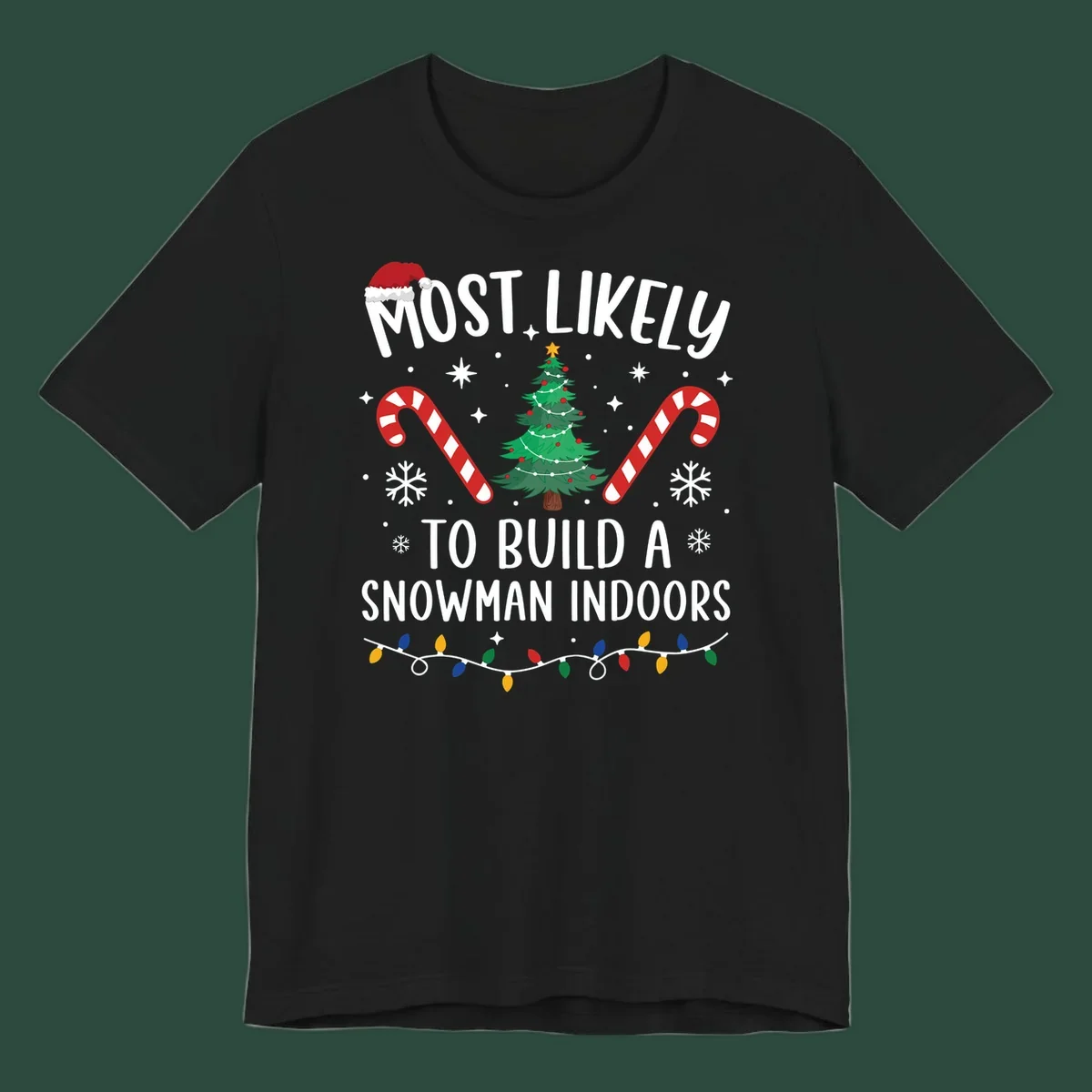 Most Likely To Build A Snowman Indoors text with Christmas graphics, including a tree and candy canes.