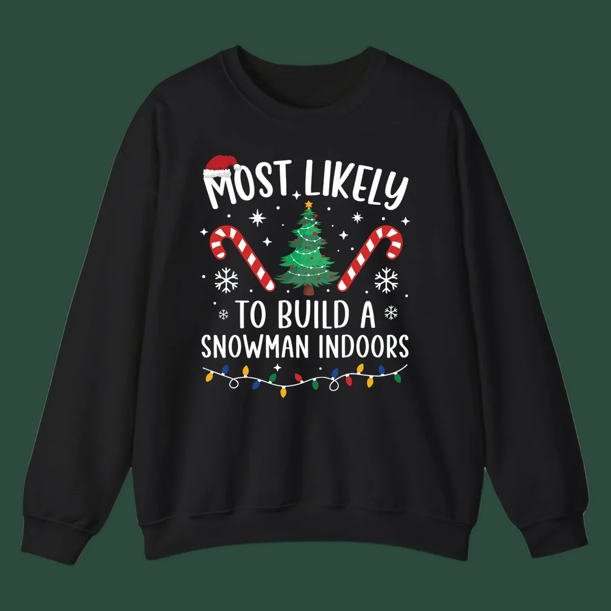 Most Likely To Build A Snowman Indoors text with Christmas graphics, including a tree and candy canes.