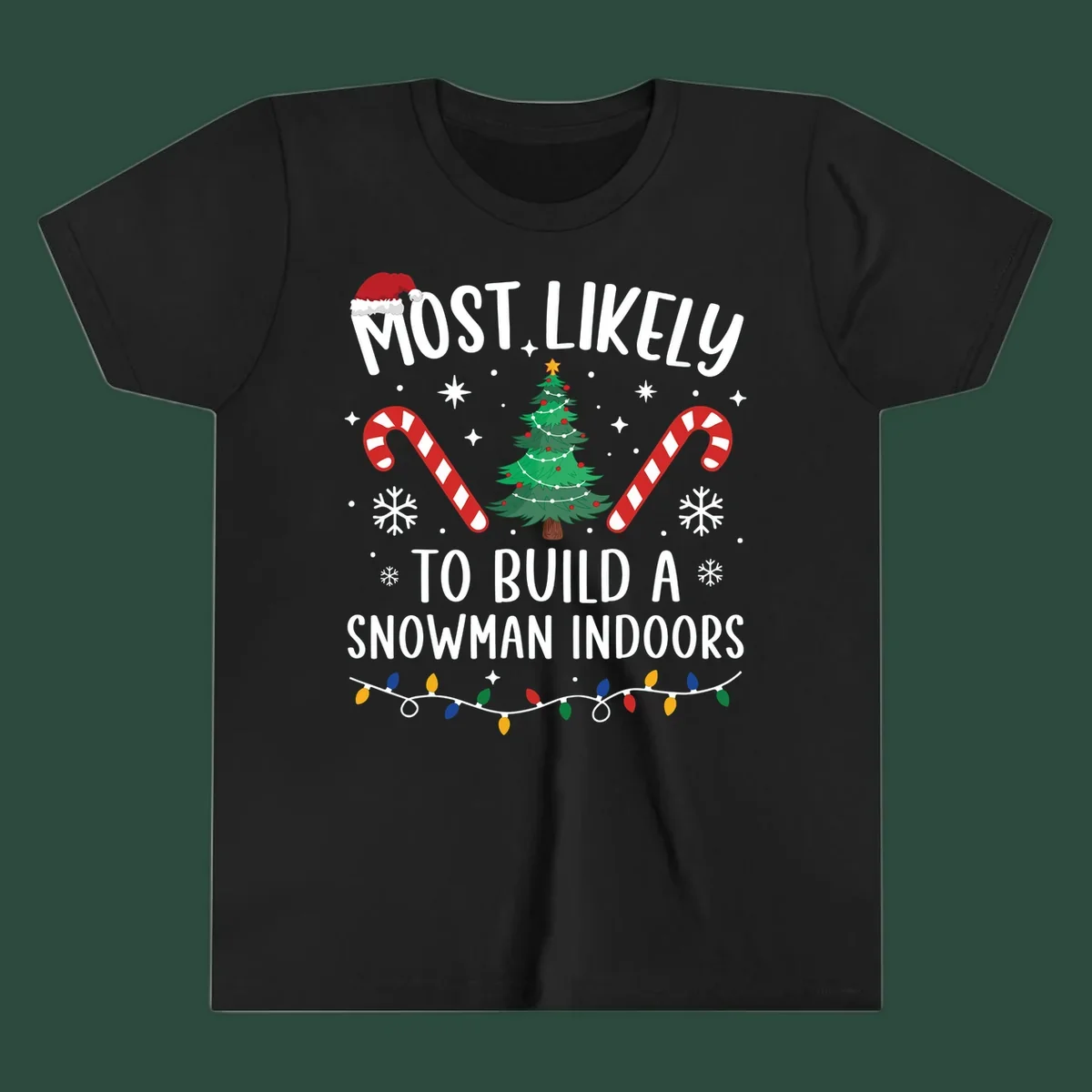 Most Likely To Build A Snowman Indoors text with Christmas graphics, including a tree and candy canes.
