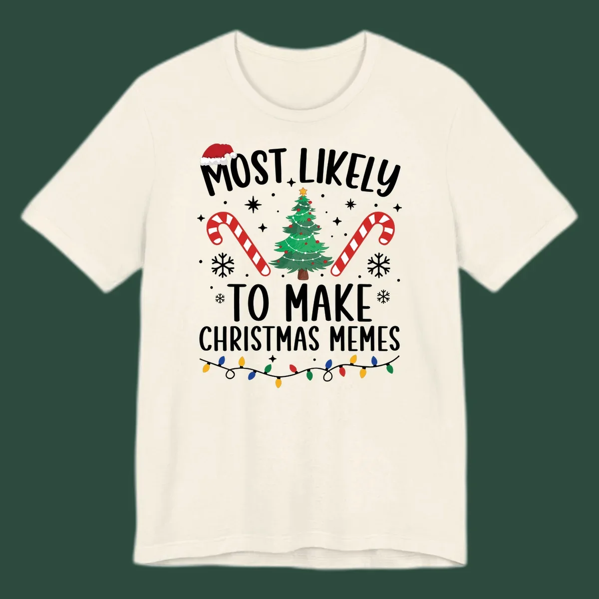 Most Likely To Make Christmas Memes text with festive holiday graphics.