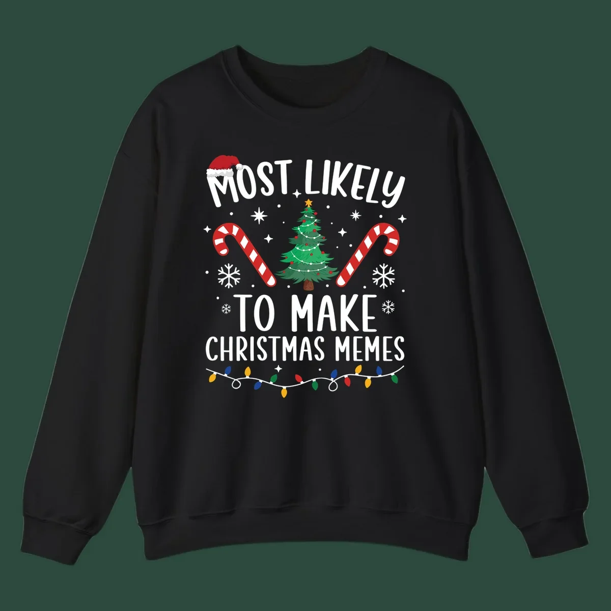 Most Likely To Make Christmas Memes text with festive holiday graphics.