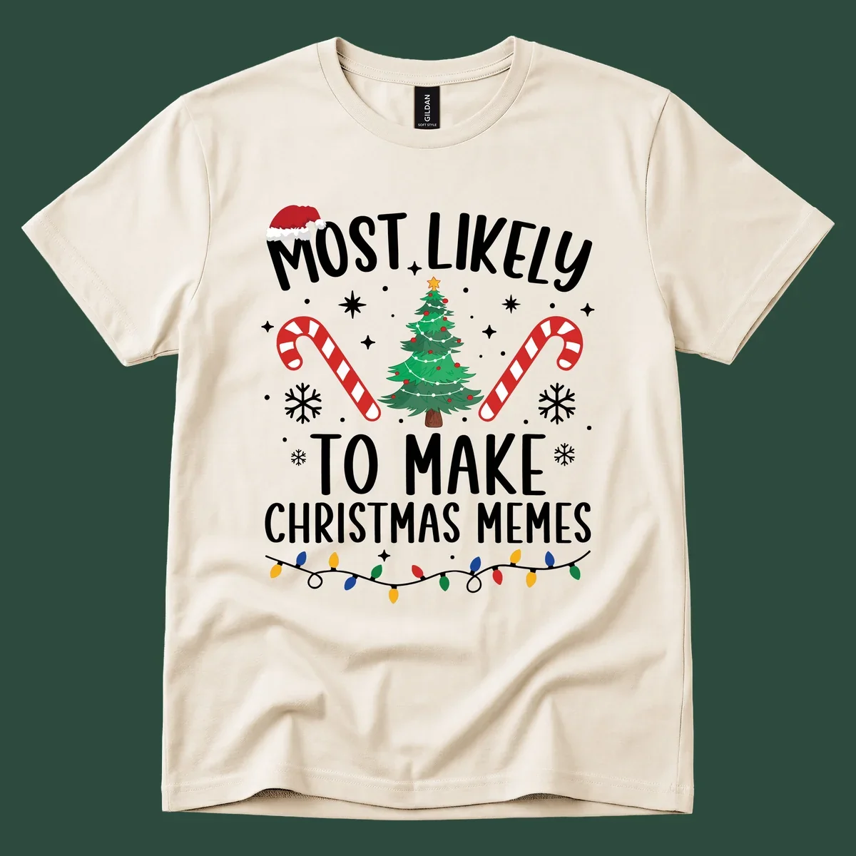 Most Likely To Make Christmas Memes text with festive holiday graphics.