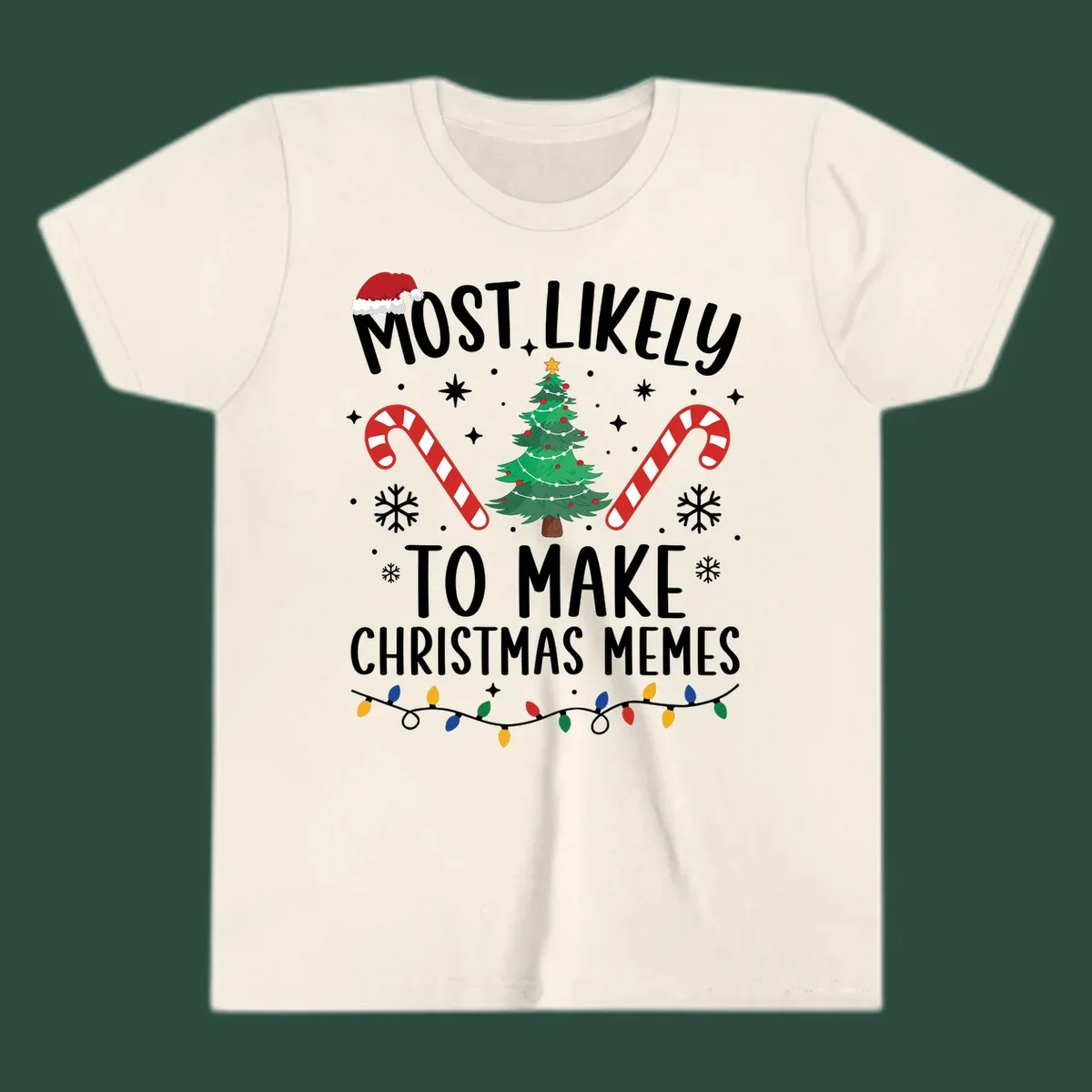 Most Likely To Make Christmas Memes text with festive holiday graphics.