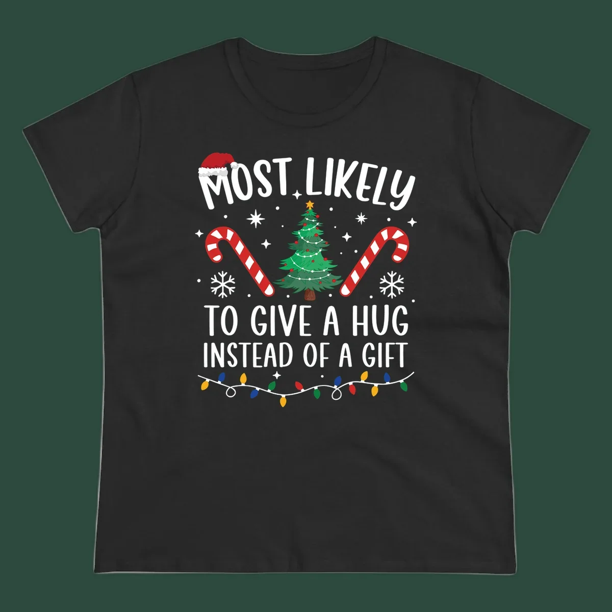 Most Likely To Give A Hug Christmas Design with text, tree, candy canes, and lights.