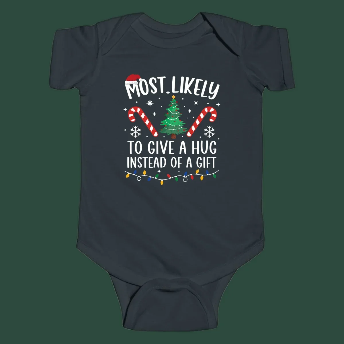 Most Likely To Give A Hug Christmas Design with text, tree, candy canes, and lights.