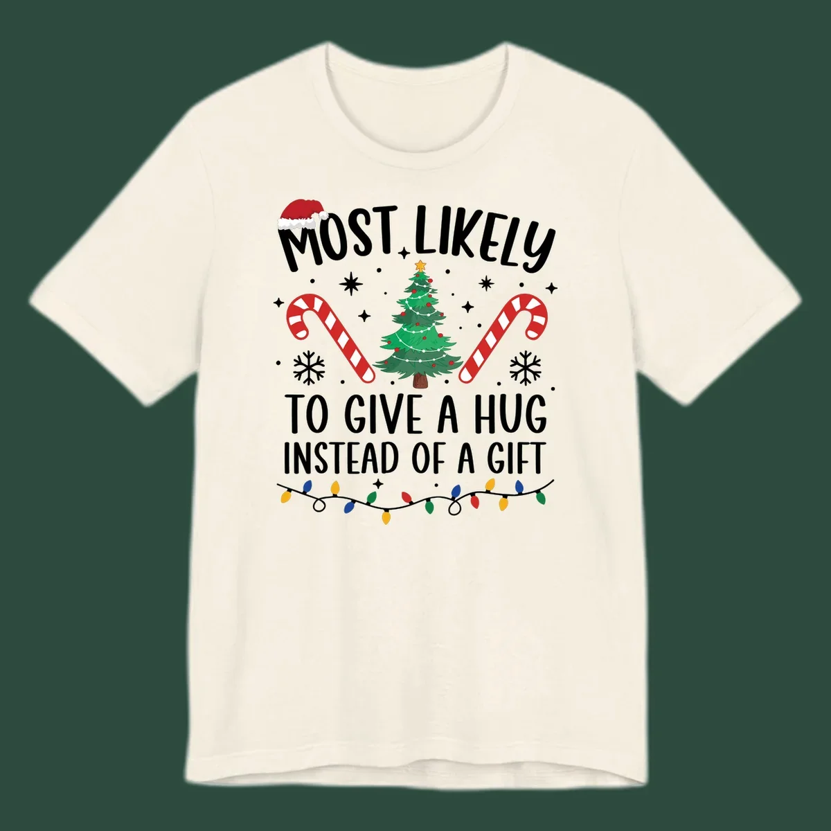 Most Likely To Give A Hug Christmas Design with text, tree, candy canes, and lights.