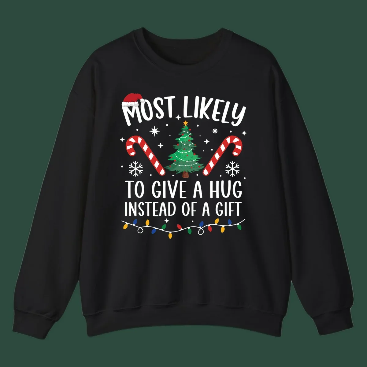 Most Likely To Give A Hug Christmas Design with text, tree, candy canes, and lights.
