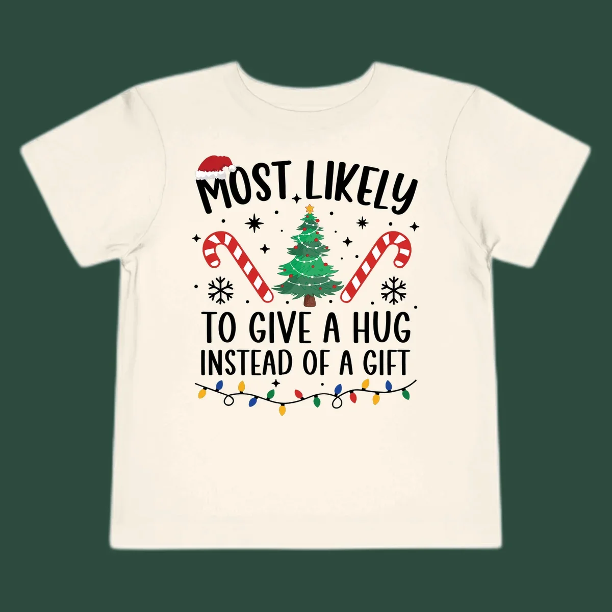 Most Likely To Give A Hug Christmas Design with text, tree, candy canes, and lights.