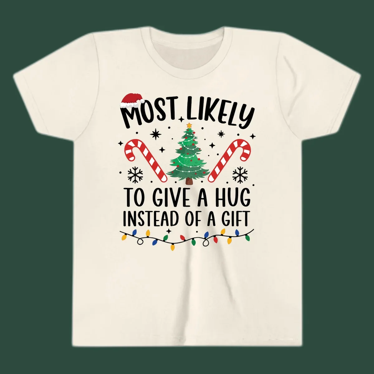 Most Likely To Give A Hug Christmas Design with text, tree, candy canes, and lights.