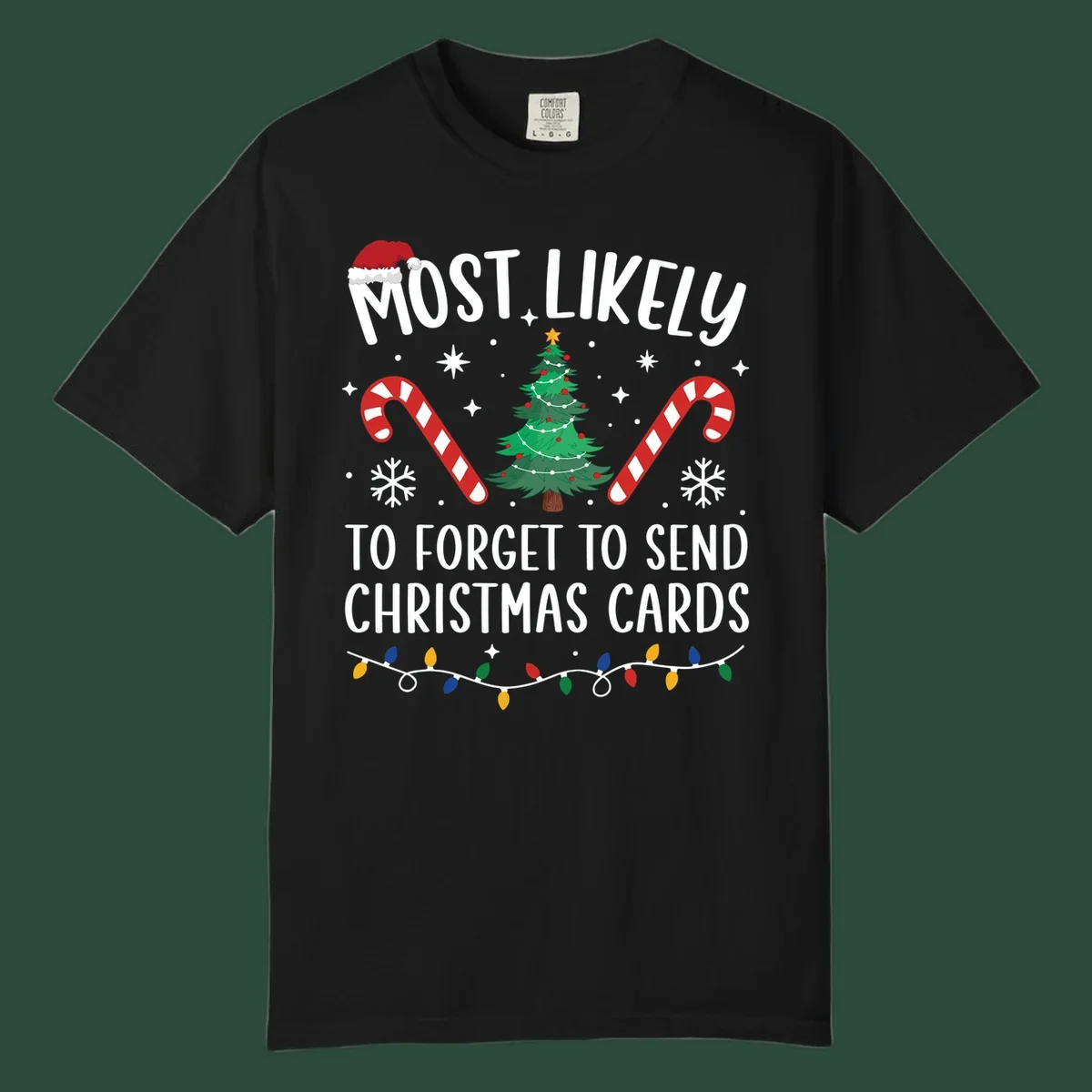 Text and graphics for "Most Likely To Forget Christmas Cards" design, featuring a Santa hat, tree, and candy canes.
