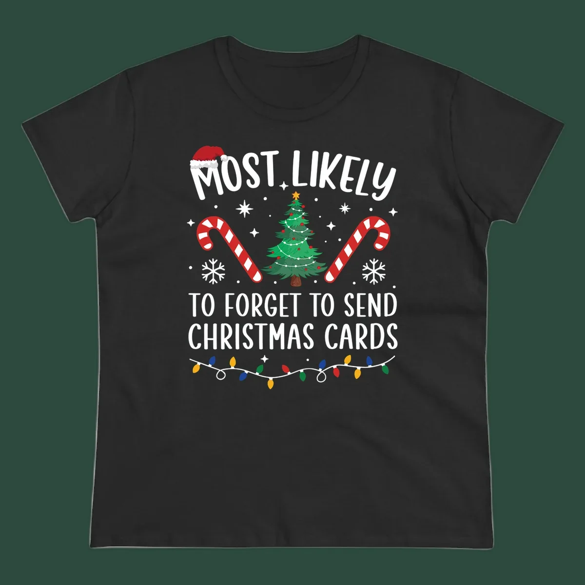 Text and graphics for "Most Likely To Forget Christmas Cards" design, featuring a Santa hat, tree, and candy canes.