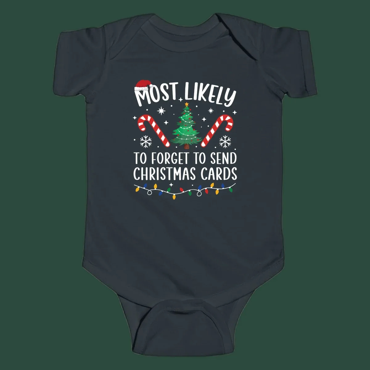 Text and graphics for "Most Likely To Forget Christmas Cards" design, featuring a Santa hat, tree, and candy canes.