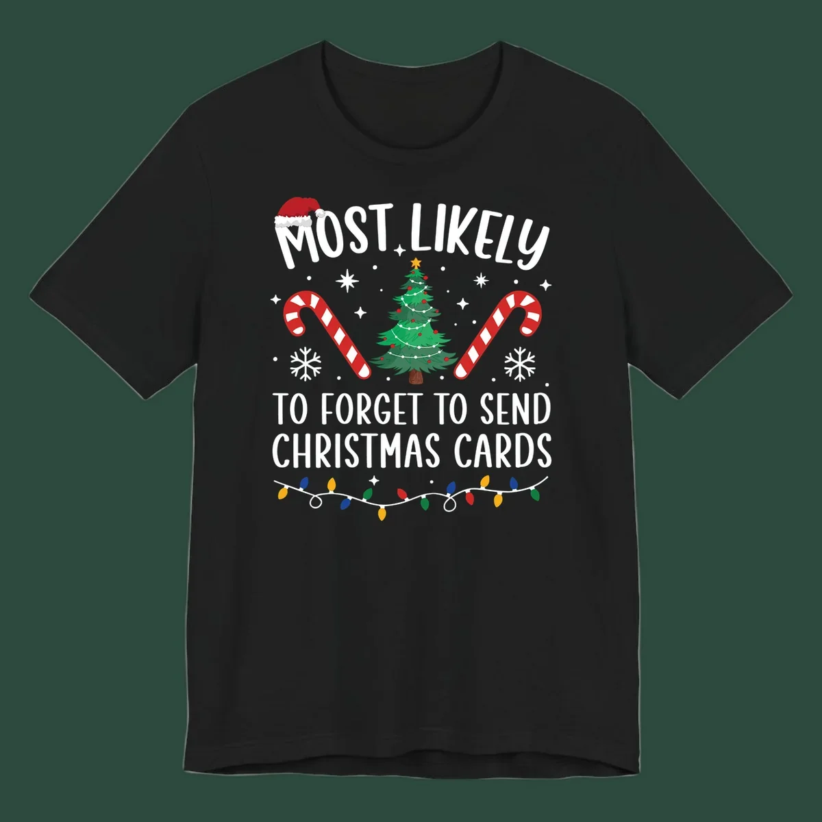 Text and graphics for "Most Likely To Forget Christmas Cards" design, featuring a Santa hat, tree, and candy canes.