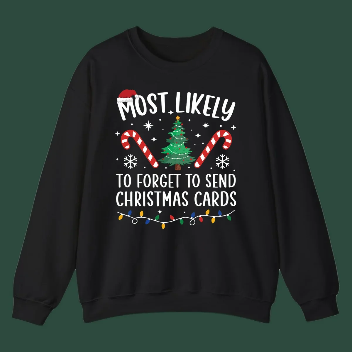 Text and graphics for "Most Likely To Forget Christmas Cards" design, featuring a Santa hat, tree, and candy canes.