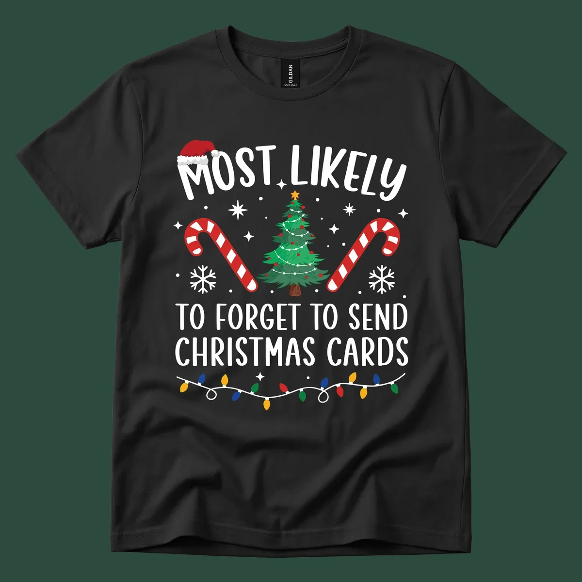 Text and graphics for "Most Likely To Forget Christmas Cards" design, featuring a Santa hat, tree, and candy canes.