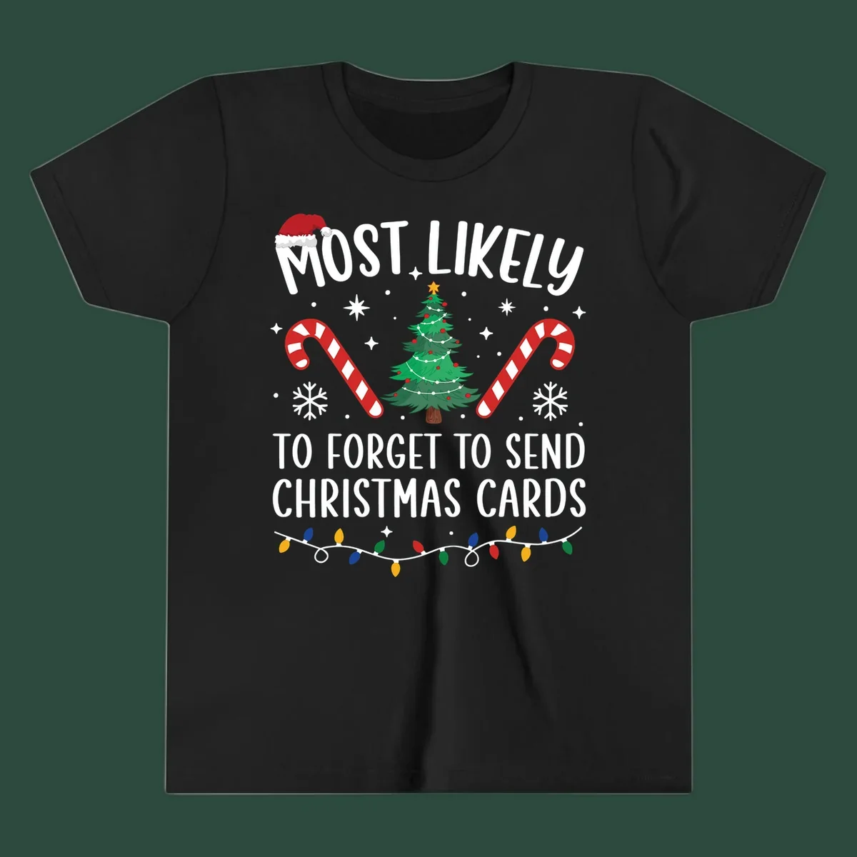 Text and graphics for "Most Likely To Forget Christmas Cards" design, featuring a Santa hat, tree, and candy canes.