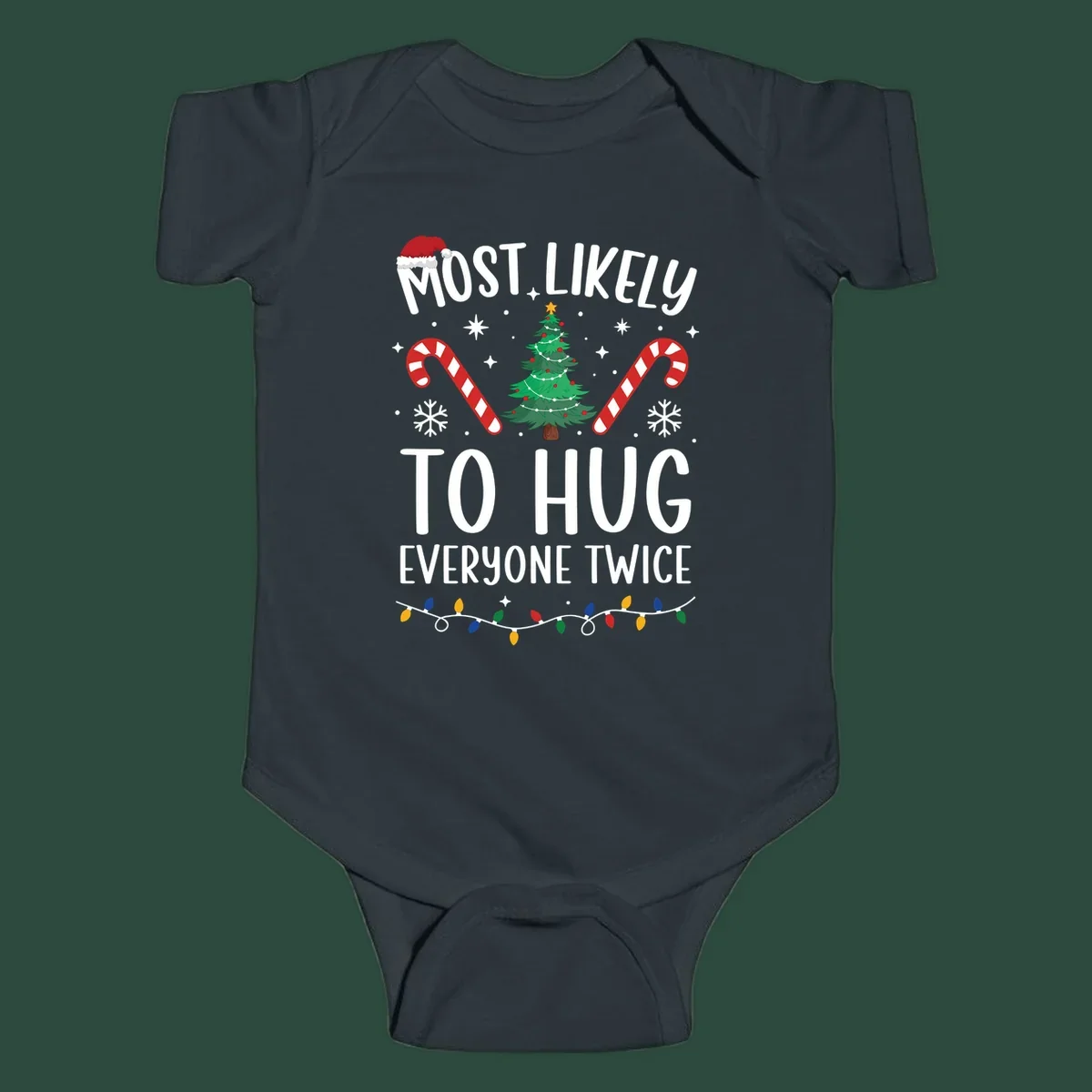 Most Likely To Hug Everyone Twice Christmas design with text, tree, candy canes, and Santa hat.