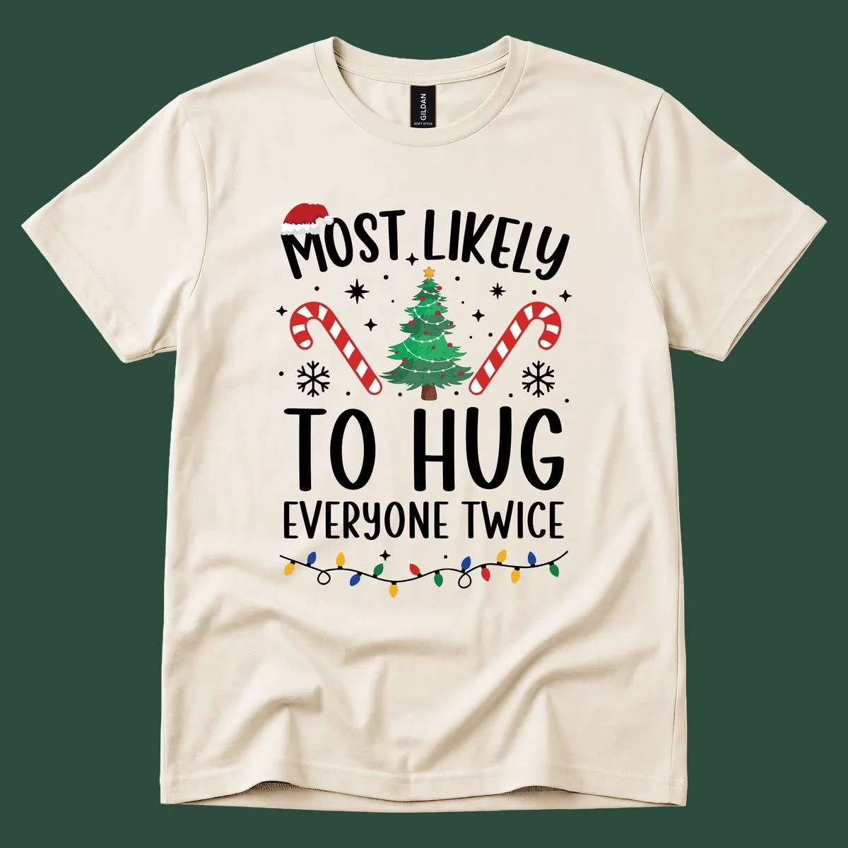 Most Likely To Hug Everyone Twice Christmas design with text, tree, candy canes, and Santa hat.