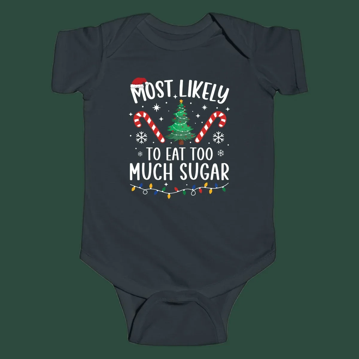 Most Likely To Eat Too Much Sugar Christmas design with text, tree, candy canes, and santa hat.