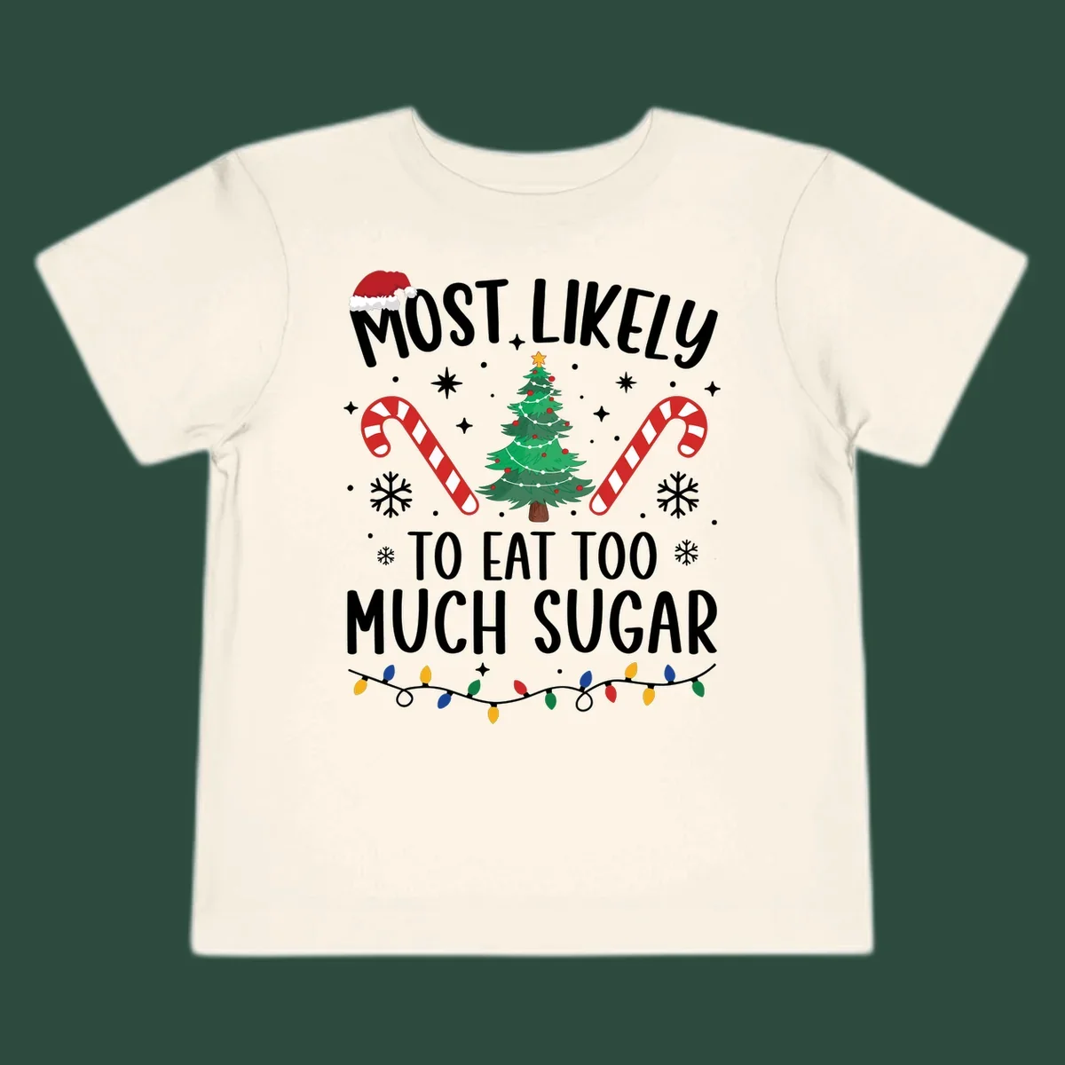 Most Likely To Eat Too Much Sugar Christmas design with text, tree, candy canes, and santa hat.