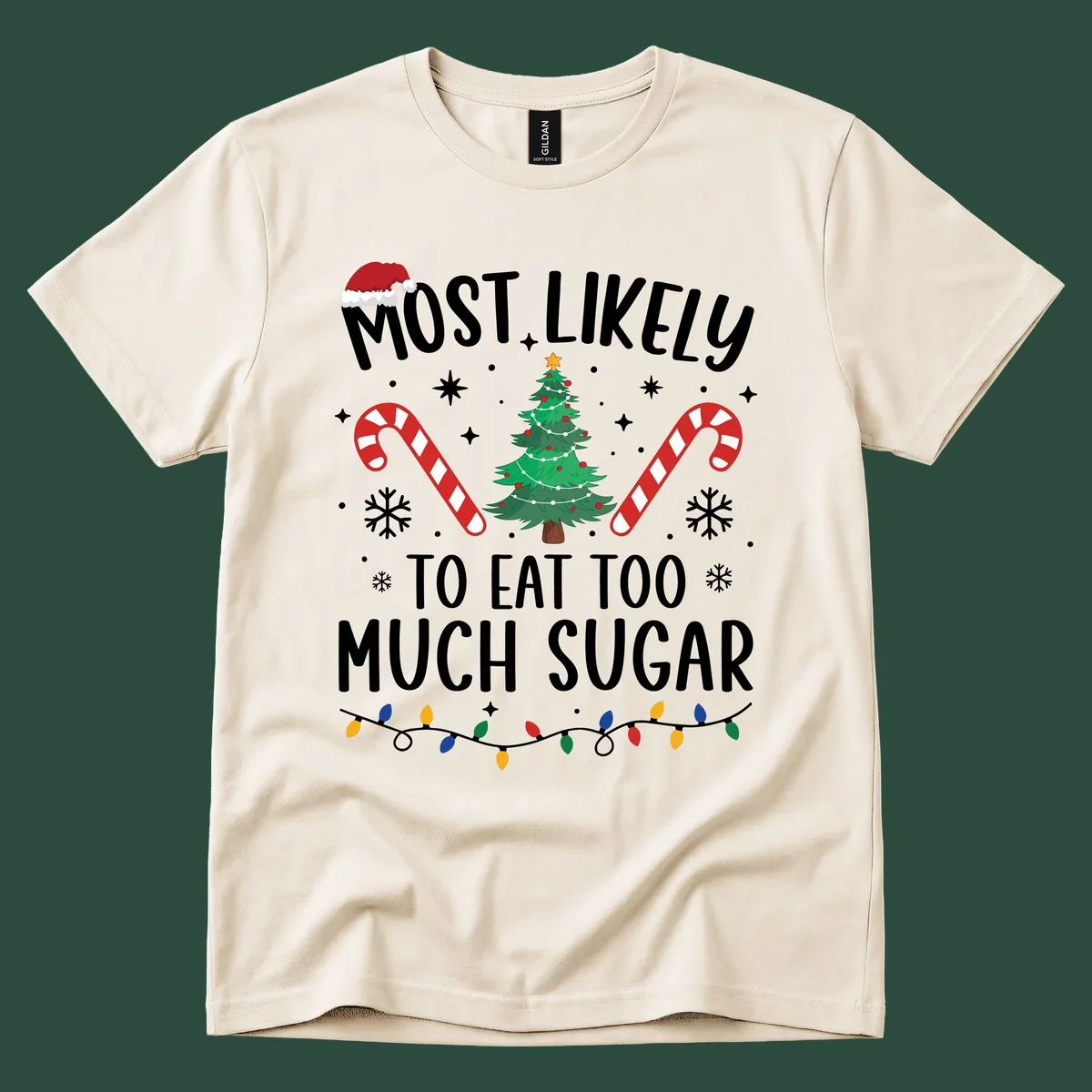 Most Likely To Eat Too Much Sugar Christmas design with text, tree, candy canes, and santa hat.