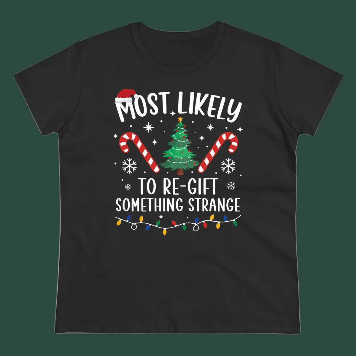 Most Likely To Re-Gift Something Strange holiday quote design with Christmas elements. 