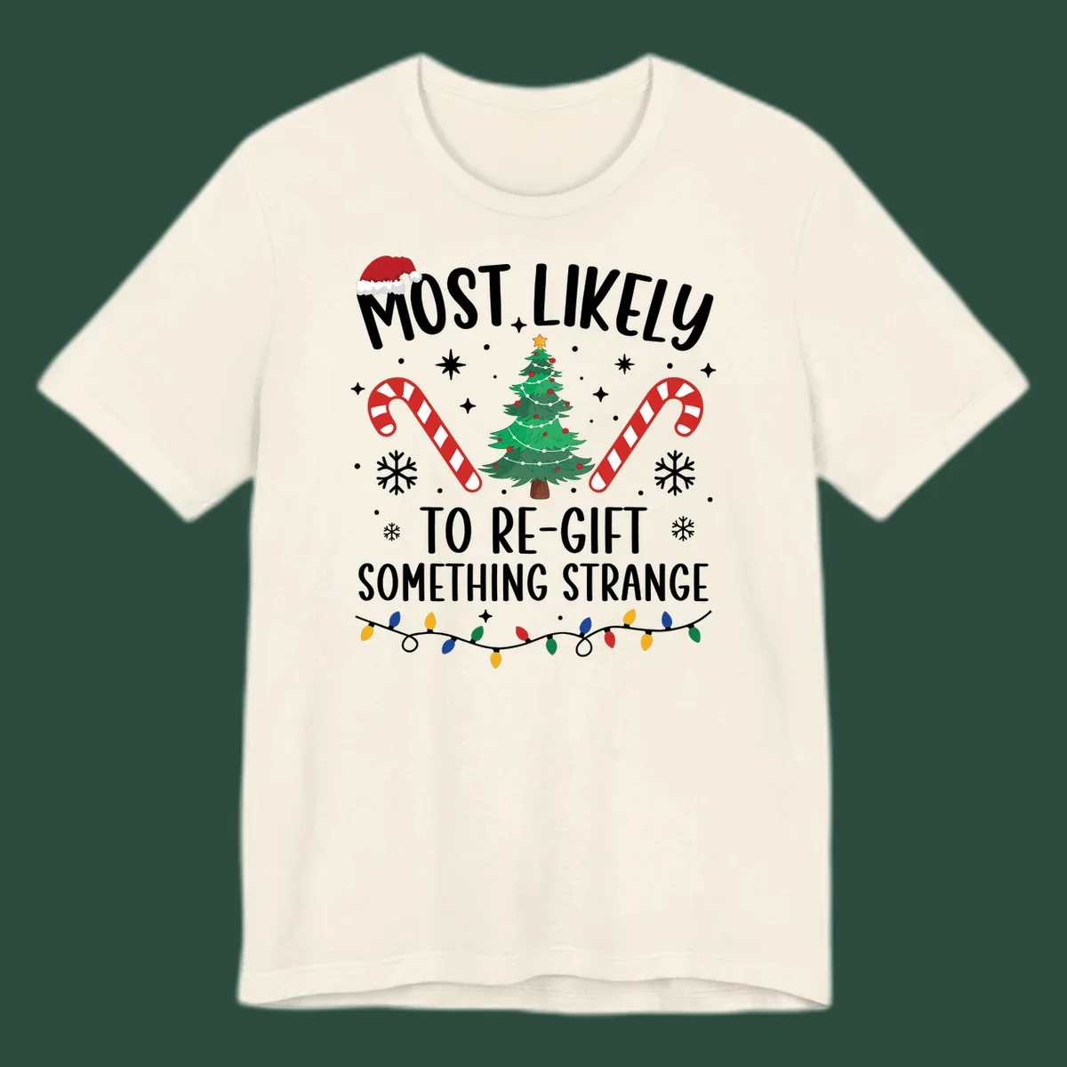 Most Likely To Re-Gift Something Strange holiday quote design with Christmas elements. 