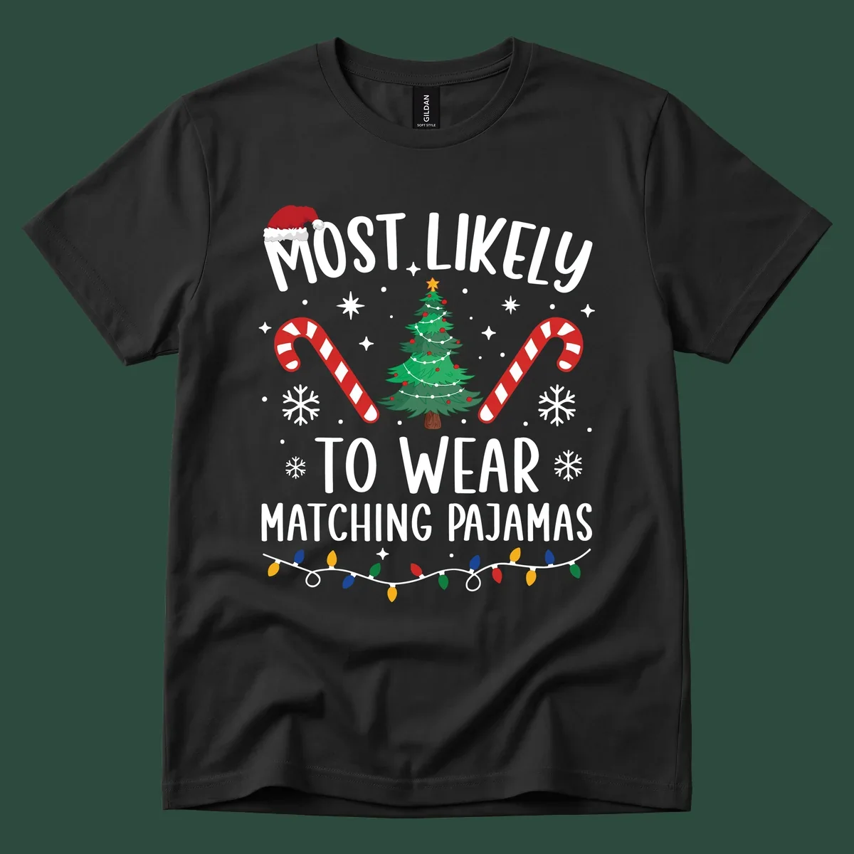 Most Likely To Wear Matching Pajamas Christmas design with Santa hat, tree, candy canes, and lights.