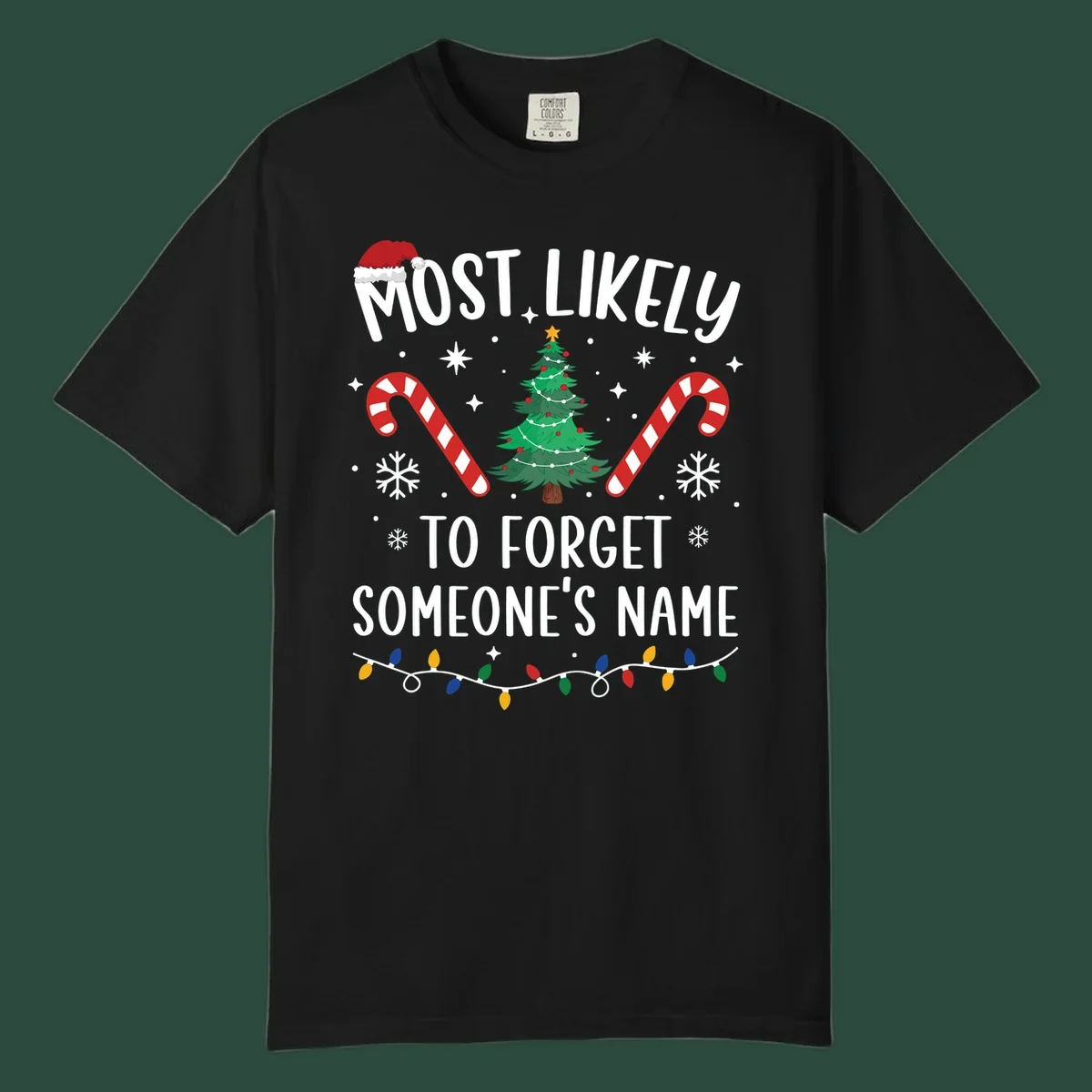 Most Likely To Forget Someone's Name Christmas design with tree, candy canes, and lights.