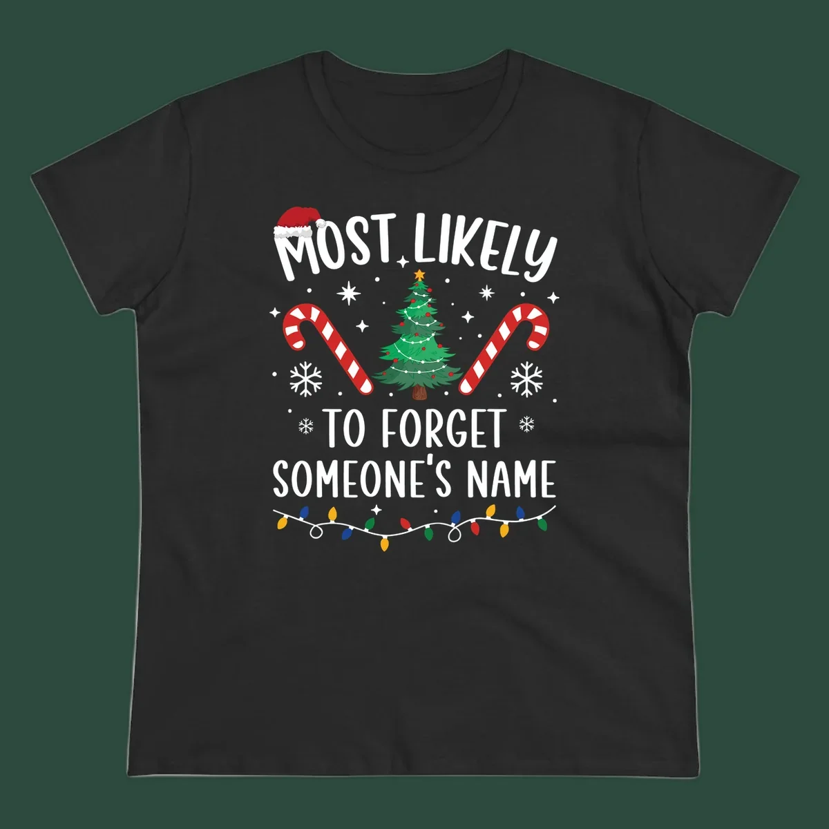 Most Likely To Forget Someone's Name Christmas design with tree, candy canes, and lights.