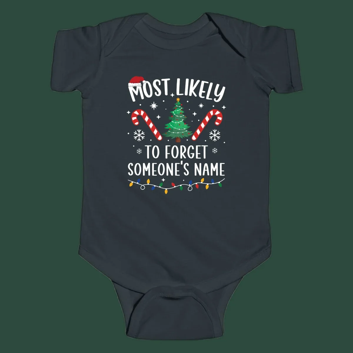 Most Likely To Forget Someone's Name Christmas design with tree, candy canes, and lights.