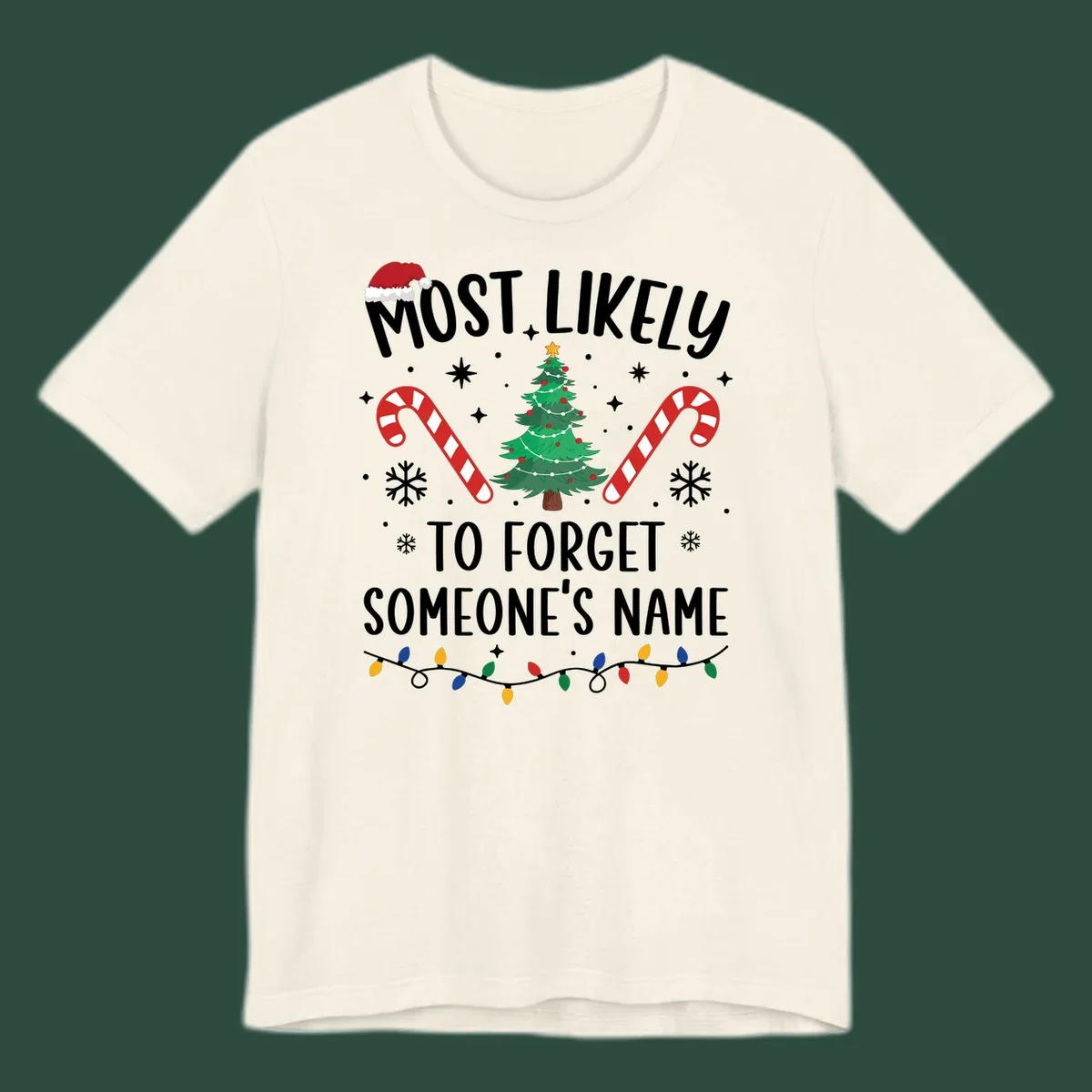 Most Likely To Forget Someone's Name Christmas design with tree, candy canes, and lights.