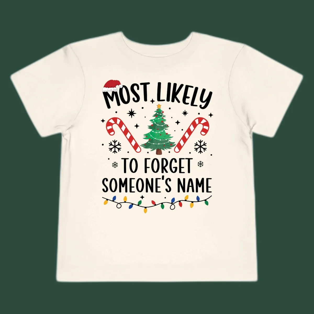 Most Likely To Forget Someone's Name Christmas design with tree, candy canes, and lights.