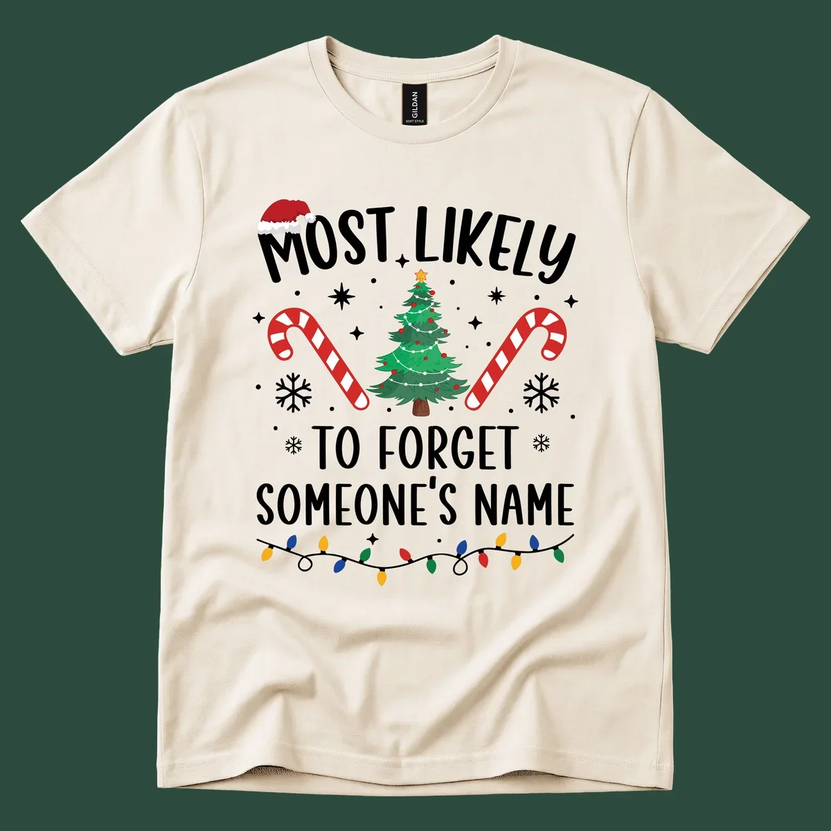 Most Likely To Forget Someone's Name Christmas design with tree, candy canes, and lights.