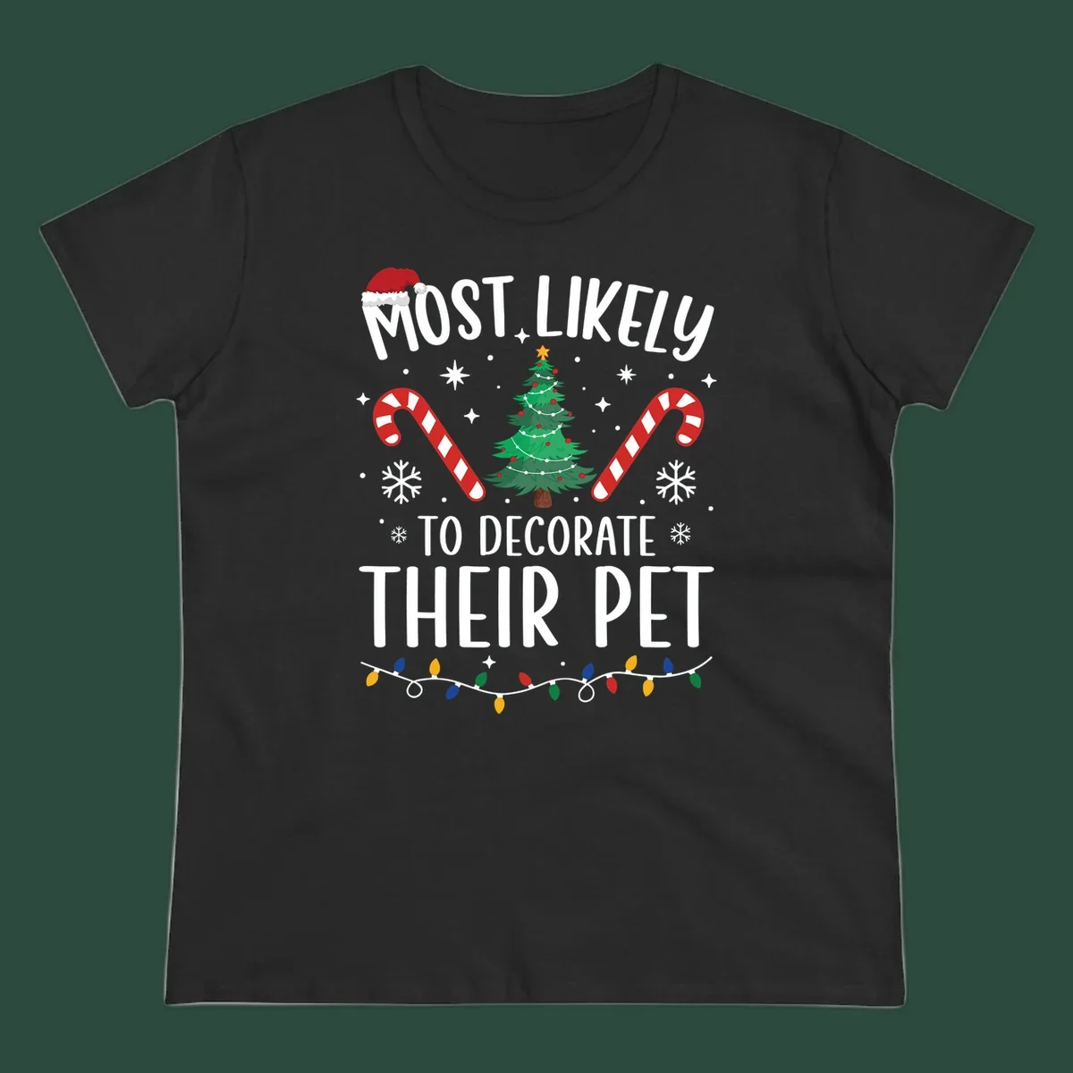 Most Likely To Decorate Their Pet Christmas design with Santa hat, tree, and candy canes.