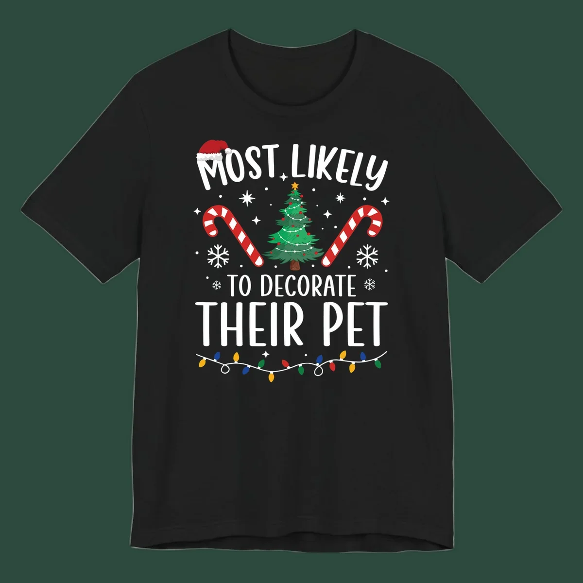 Most Likely To Decorate Their Pet Christmas design with Santa hat, tree, and candy canes.