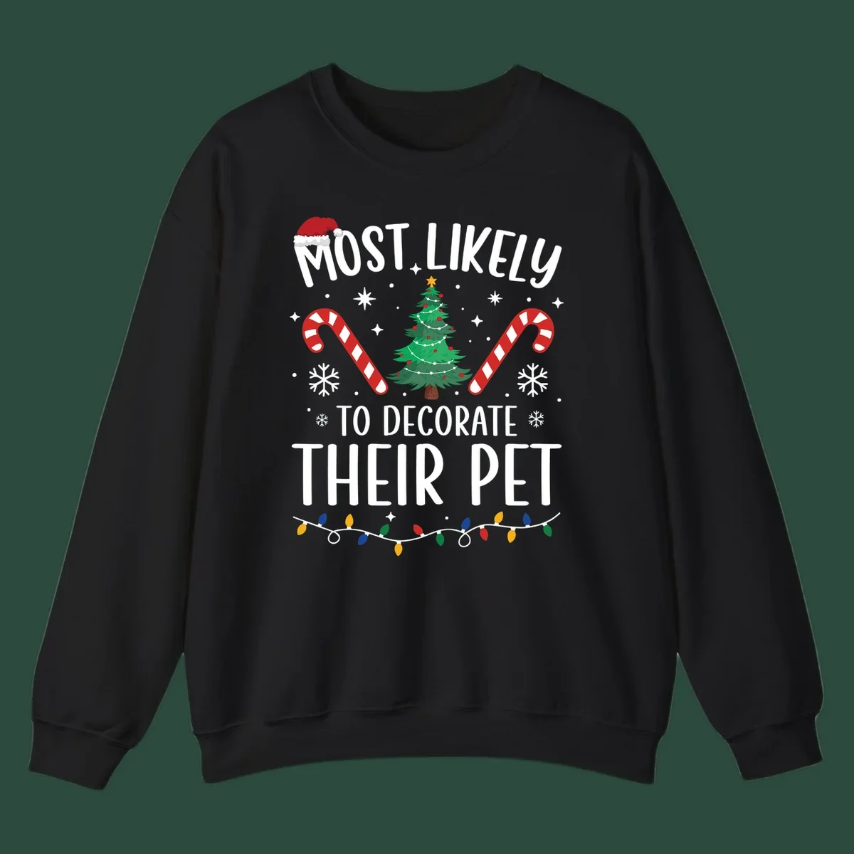 Most Likely To Decorate Their Pet Christmas design with Santa hat, tree, and candy canes.