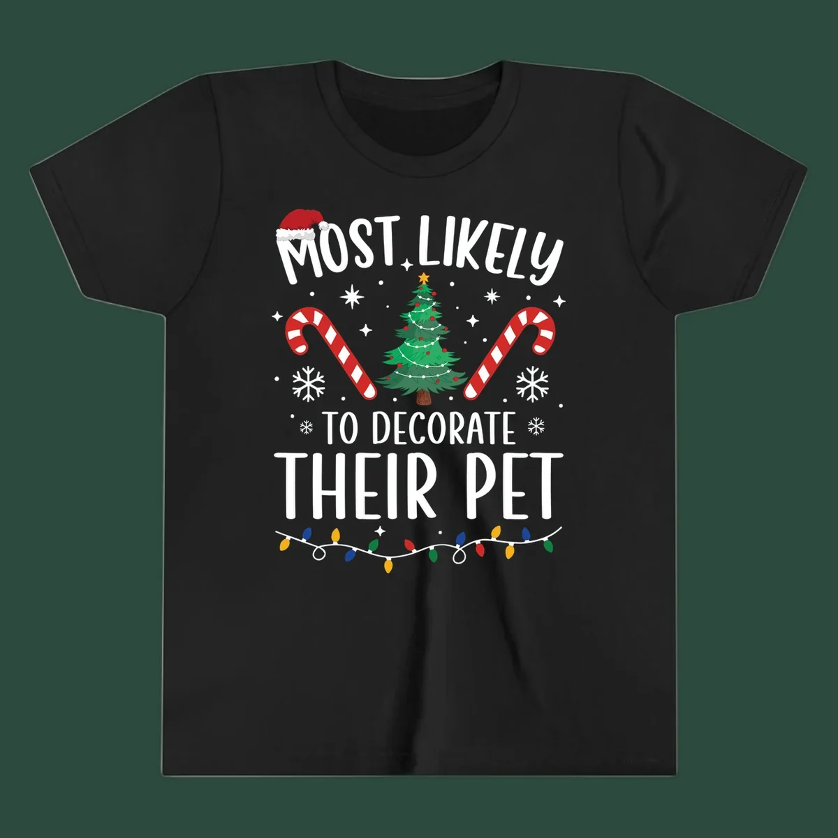 Most Likely To Decorate Their Pet Christmas design with Santa hat, tree, and candy canes.
