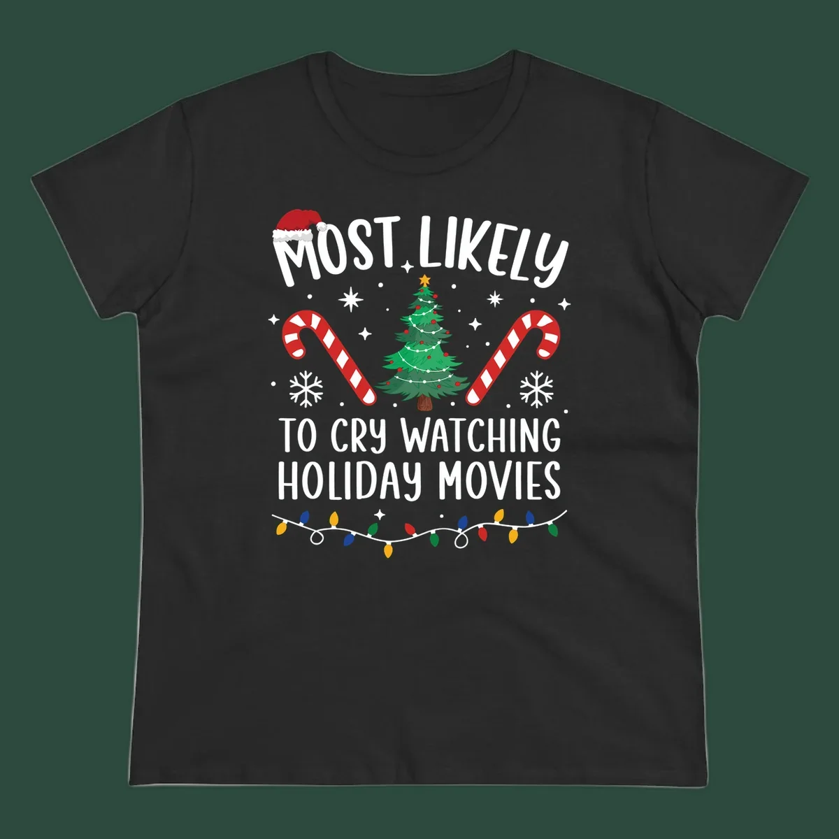 Most Likely To Cry Watching Holiday Movies design with Christmas tree, candy canes, and festive text.