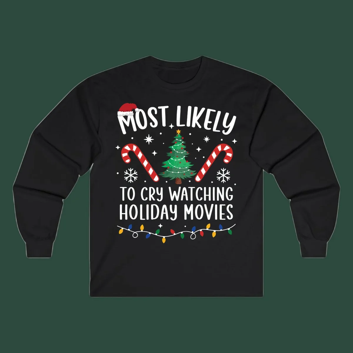 Most Likely To Cry Watching Holiday Movies design with Christmas tree, candy canes, and festive text.