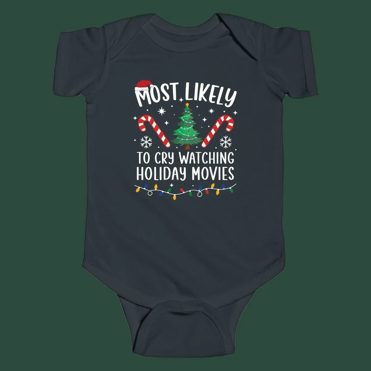 Most Likely To Cry Watching Holiday Movies design with Christmas tree, candy canes, and festive text.