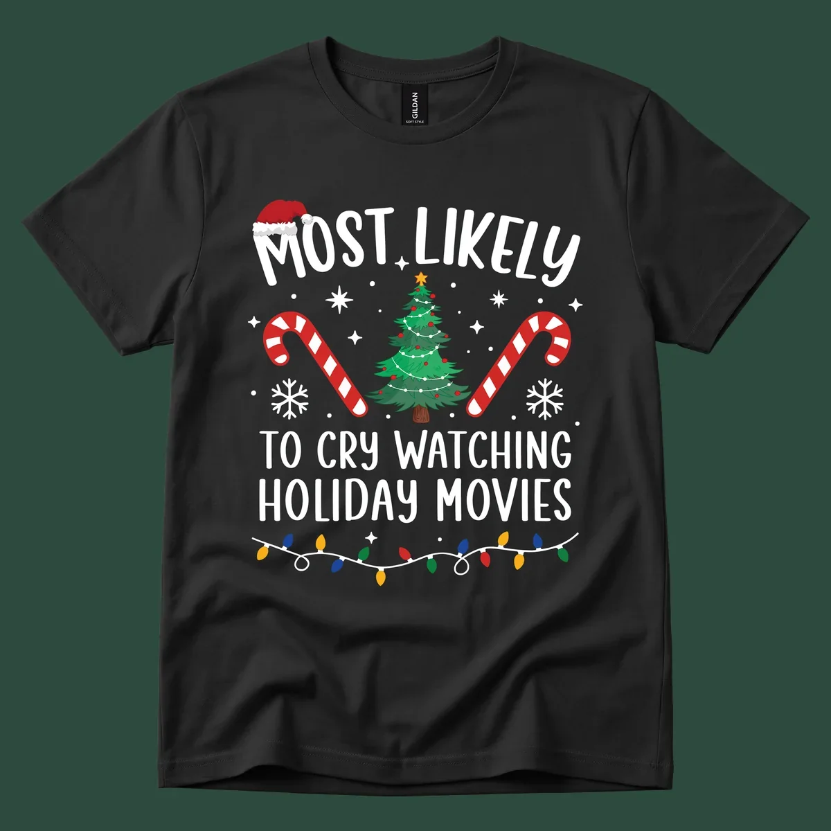 Most Likely To Cry Watching Holiday Movies design with Christmas tree, candy canes, and festive text.