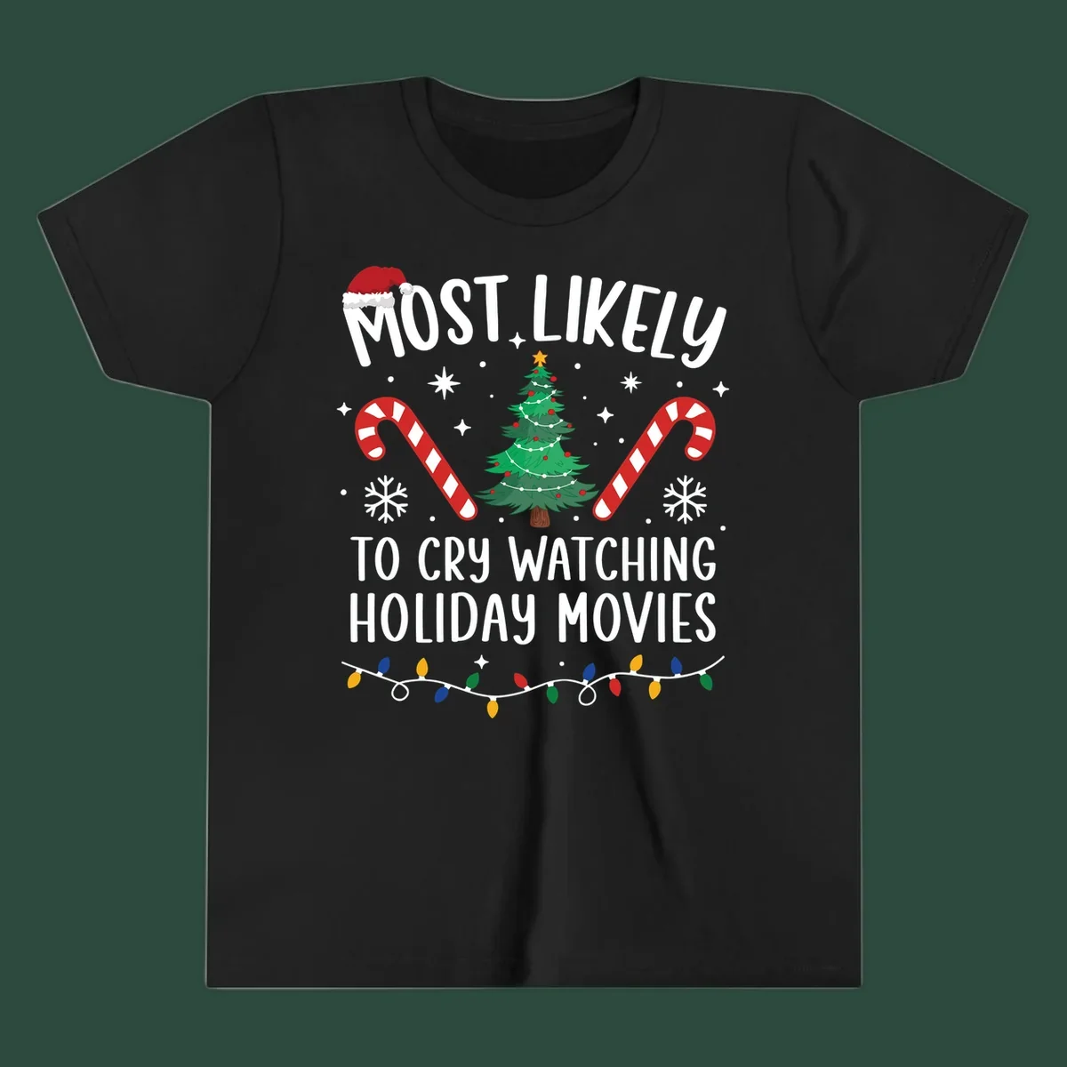 Most Likely To Cry Watching Holiday Movies design with Christmas tree, candy canes, and festive text.