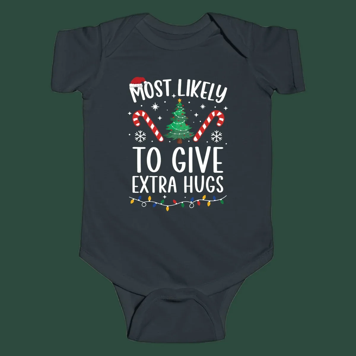 Most Likely To Give Extra Hugs Christmas design with text, tree, candy canes, and lights.