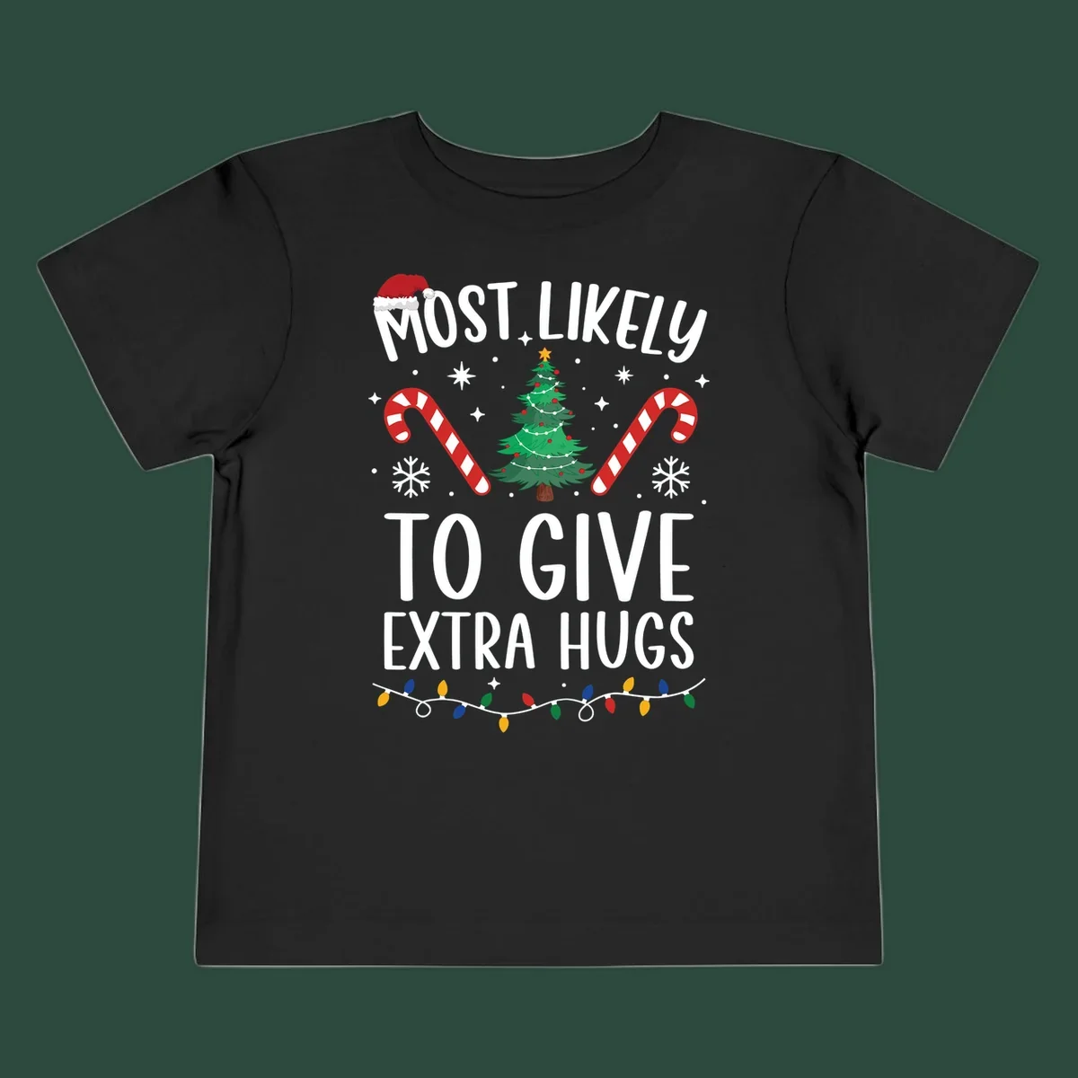 Most Likely To Give Extra Hugs Christmas design with text, tree, candy canes, and lights.
