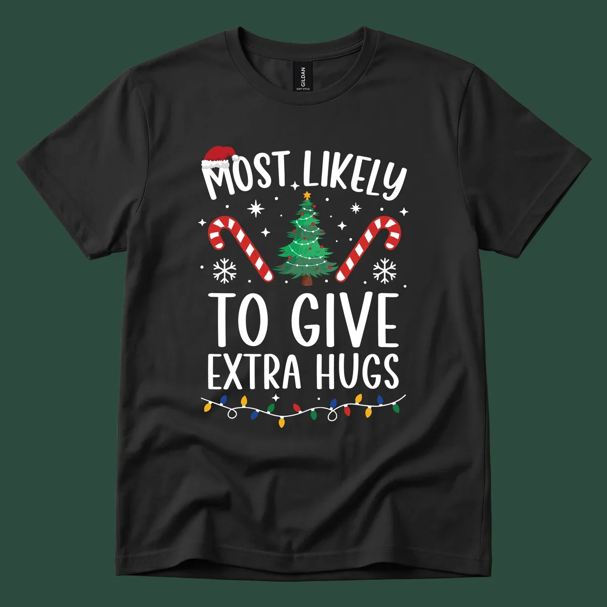 Most Likely To Give Extra Hugs Christmas design with text, tree, candy canes, and lights.