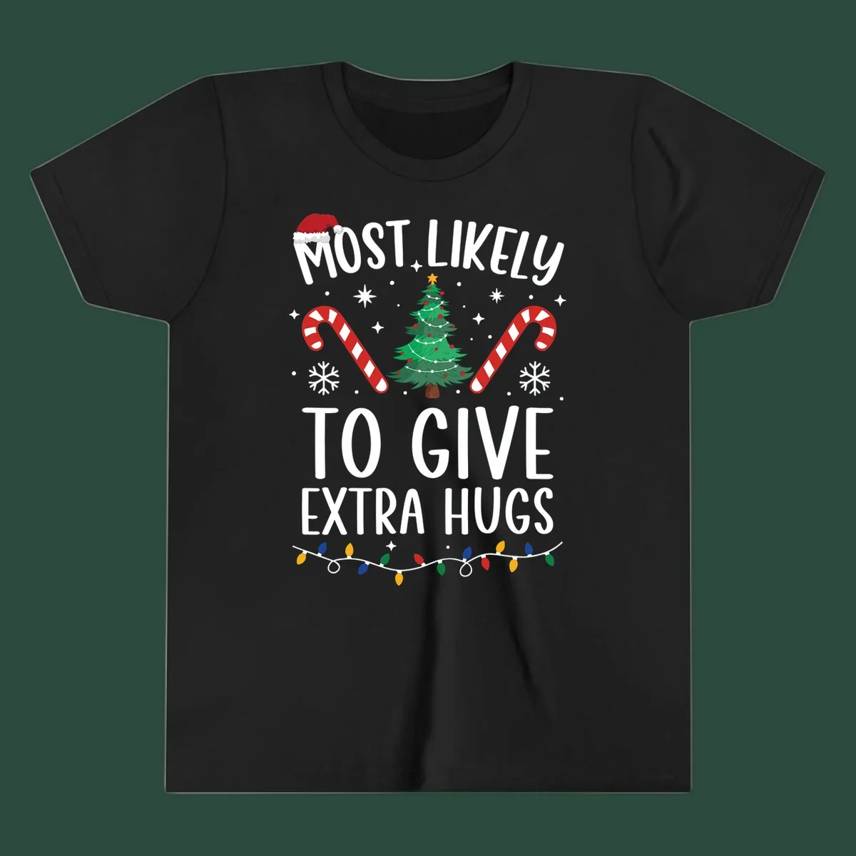 Most Likely To Give Extra Hugs Christmas design with text, tree, candy canes, and lights.