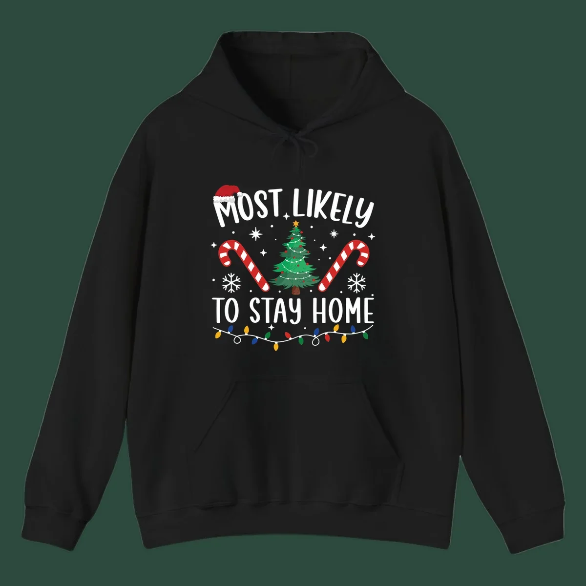 Most likely to stay home Christmas design with text, tree, candy canes, and lights.