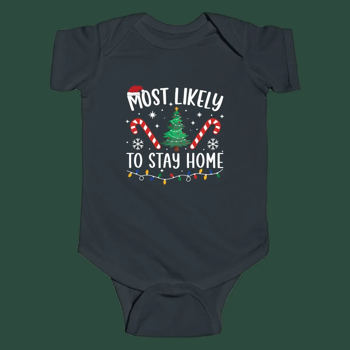 Most likely to stay home Christmas design with text, tree, candy canes, and lights.
