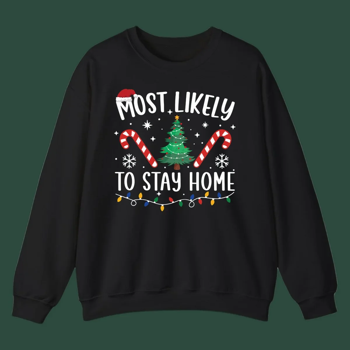 Most likely to stay home Christmas design with text, tree, candy canes, and lights.